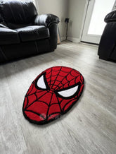 Spider-Man themed rug on a wooden floor in a living room setting