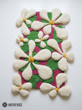 Blooming garden 3D hand-tufted wool area rug featuring raised cream-white flowers with golden centers over a vibrant pink and green organic botanical pattern by Mayur Rugs.