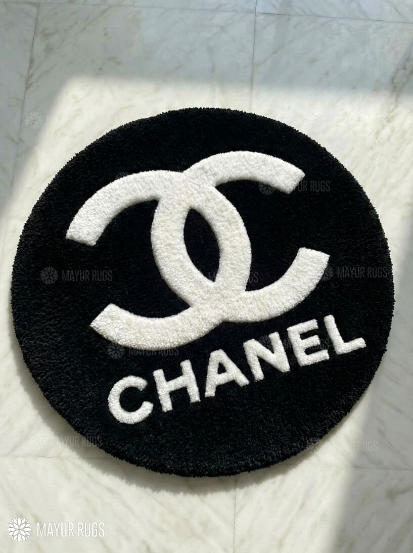 Chanel inspired handmade wool rug with luxury fashion aesthetic and elegant monochrome design, premium custom area rug by Mayur Rugs