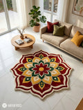 Festive rangoli-inspired hand-tufted floral mandala rug in maroon, mustard yellow, green and ivory with a scalloped flower shape by Mayur Rugs.