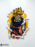 Goku inspired Super Saiyan 3D hand-tufted custom wool rug featuring spiky golden hair, green eyes, dark blue and orange clothing, and white energy-inspired details by Mayur Rugs.