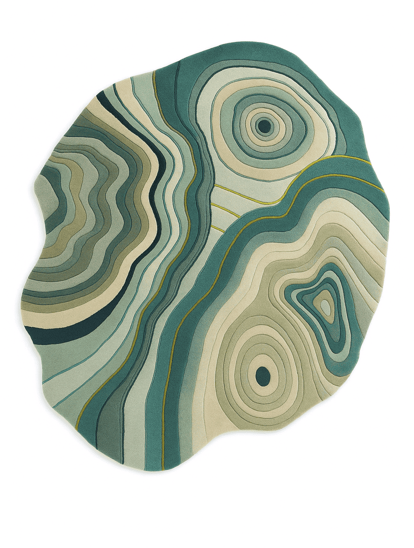 Round rug with a swirling pattern of green, blue, and beige on a white background