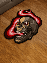 Skull-shaped rug with red and white design on a wooden floor
