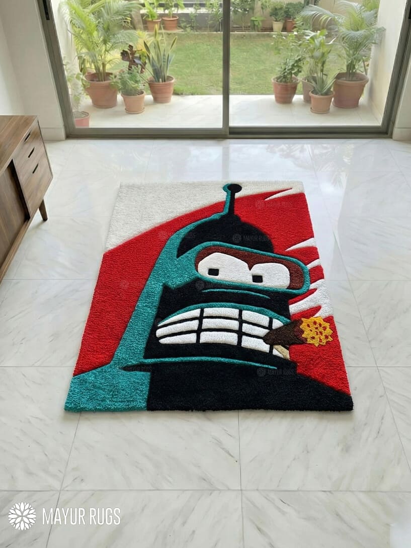 Bender inspired handtufted handmade wool rug with cartoon character design, premium custom area rug by Mayur Rugs