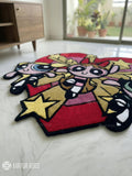 Powerpuff Girls inspired handmade wool rug with bold cartoon pop art design, premium custom area rug by Mayur Rugs