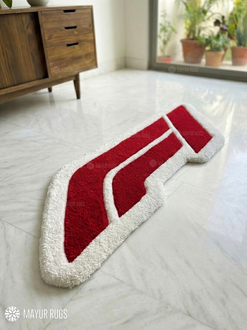 F1 inspired handmade wool rug with formula racing design, motorsport themed premium area rug by Mayur Rugs