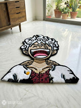 Luffy Gear 5 Joy Boy inspired handmade wool rug with One Piece anime art design, premium custom area rug by Mayur Rugs