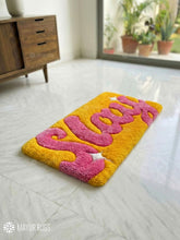 SLAY statement handmade wool rug with bold typography design, modern premium area rug by Mayur Rugs