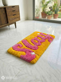 SLAY statement handmade wool rug with bold typography design, modern premium area rug by Mayur Rugs