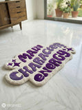 Main character energy handmade wool rug with bold statement typography design, premium custom area rug by Mayur Rugs