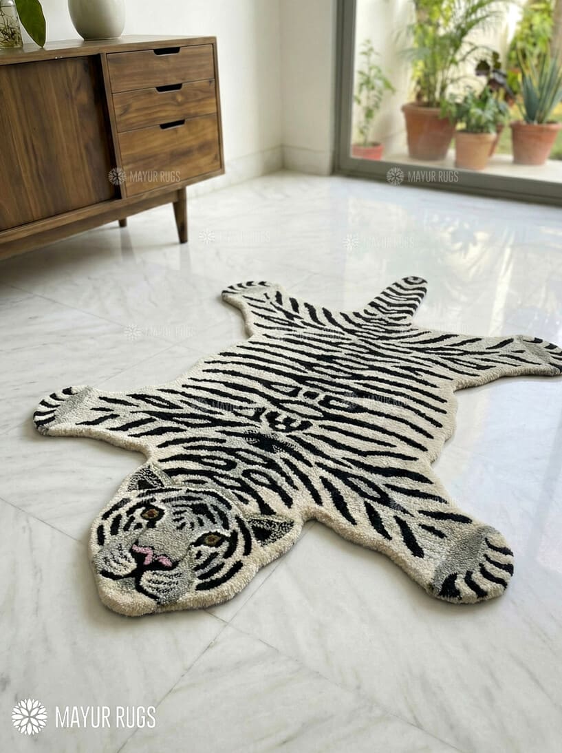 White tiger inspired handmade wool rug with bold wildlife design, premium custom area rug by Mayur Rugs