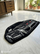 BMW M inspired handmade wool rug with motorsport performance design, premium custom area rug by Mayur Rugs
