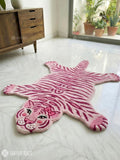 Pink tiger inspired handmade wool rug with bold wildlife pop art design, premium custom area rug by Mayur Rugs