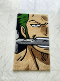 Zoro inspired One Piece hand-tufted wool rug with bold anime character design, premium custom area rug by Mayur Rugs