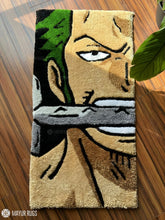 Zoro inspired One Piece hand-tufted wool rug with bold anime character design, premium custom area rug by Mayur Rugs