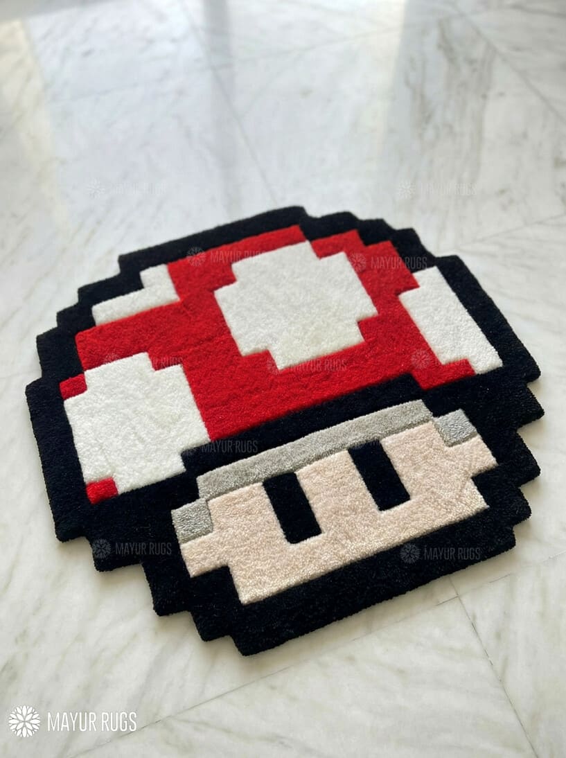 Retro gaming mushroom hand-tufted wool rug with classic arcade character design, premium custom area rug by Mayur Rugs