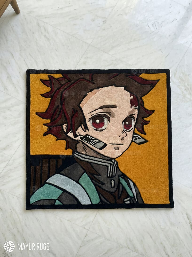 Tanjiro Kamado inspired Demon Slayer anime hand-tufted wool rug with bold character design, premium custom area rug by Mayur Rugs