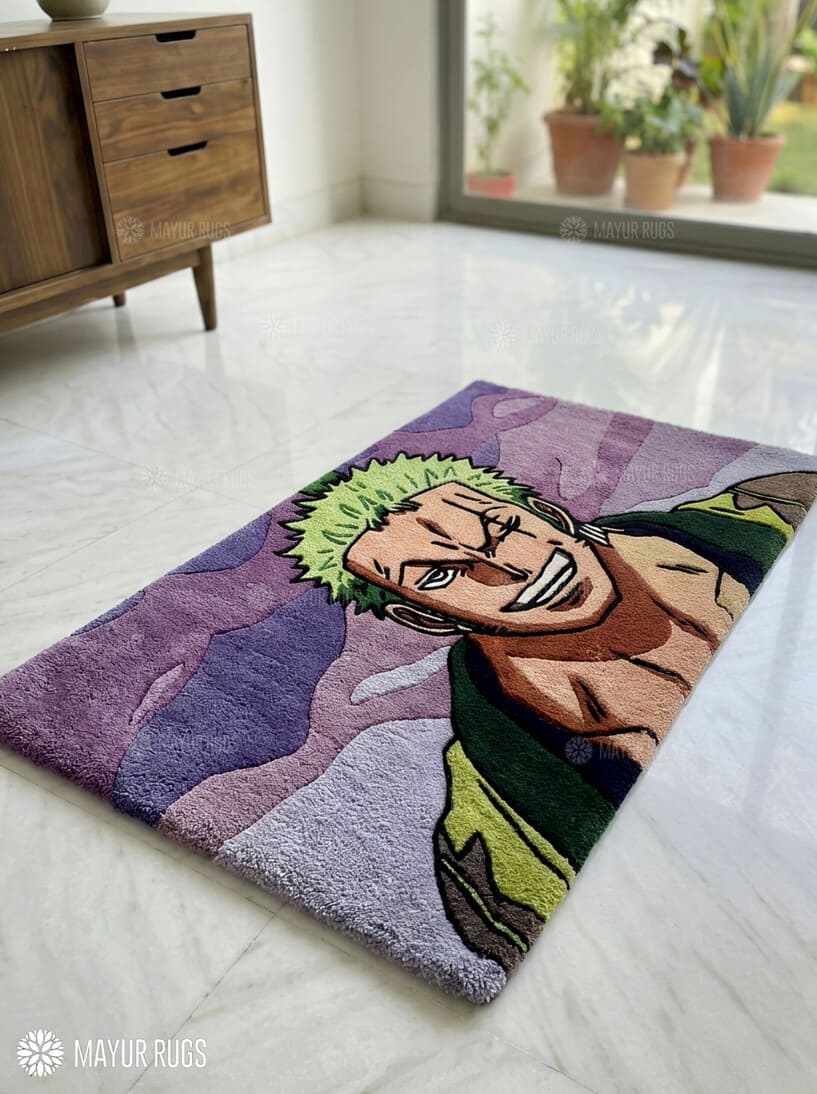 Roronoa Zoro inspired One Piece anime hand-tufted wool rug with bold swordsman character design, premium custom area rug by Mayur Rugs