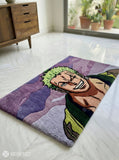 Roronoa Zoro inspired One Piece anime hand-tufted wool rug with bold swordsman character design, premium custom area rug by Mayur Rugs