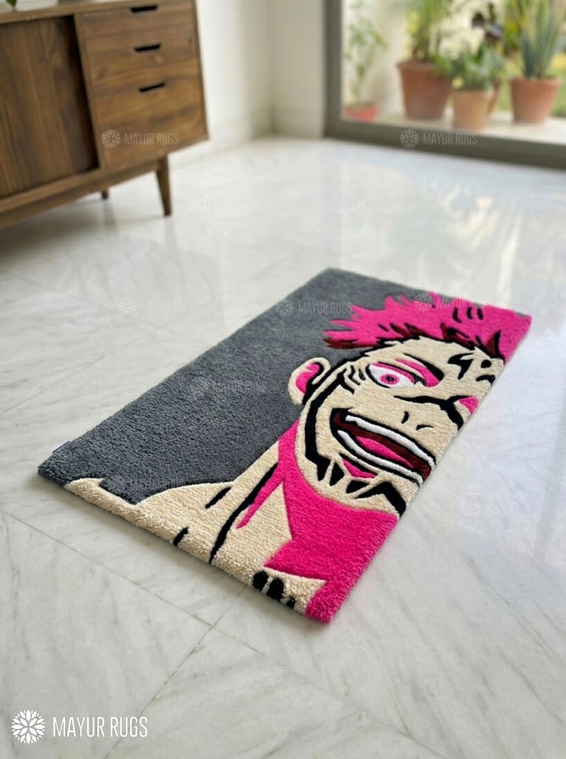 Sukuna inspired Jujutsu Kaisen anime hand-tufted wool rug with bold villain design, premium custom area rug by Mayur Rugs