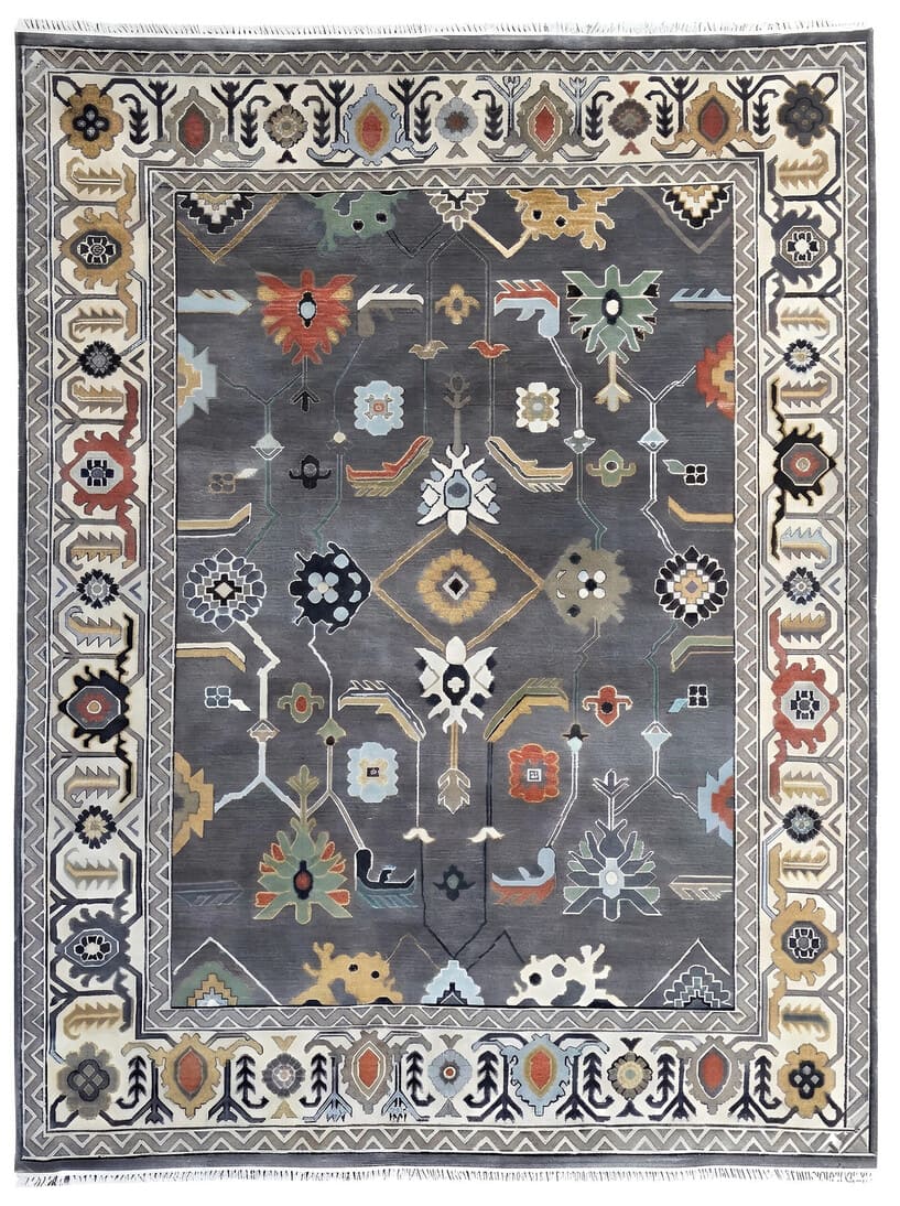 Grey Oushak Turkish floral hand-knotted wool rug with traditional heritage pattern, premium luxury rug by Mayur Rugs