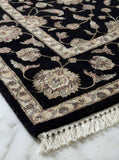 Black traditional wool and silk hand-knotted rug with intricate heritage pattern, premium luxury rug by Mayur Rugs