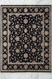 Black traditional wool and silk hand-knotted rug with intricate heritage pattern, premium luxury rug by Mayur Rugs