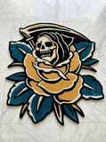 Blooming reaper hand-tufted wool rug with gothic skull and floral design, premium custom area rug by Mayur Rugs