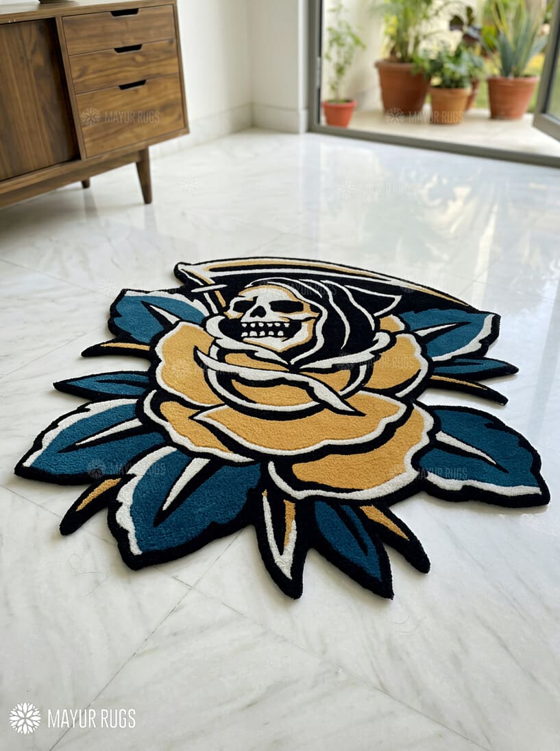 Blooming reaper hand-tufted wool rug with gothic skull and floral design, premium custom area rug by Mayur Rugs