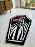 Plague doctor tattoo hand-tufted wool rug with gothic beak mask design, premium custom area rug by Mayur Rugs