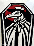 Plague doctor tattoo hand-tufted wool rug with gothic beak mask design, premium custom area rug by Mayur Rugs