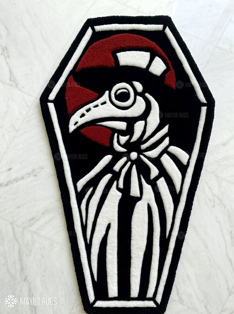 Plague doctor tattoo hand-tufted wool rug with gothic beak mask design, premium custom area rug by Mayur Rugs