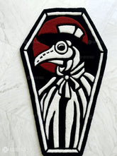 Plague doctor tattoo hand-tufted wool rug with gothic beak mask design, premium custom area rug by Mayur Rugs