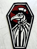 Plague doctor tattoo hand-tufted wool rug with gothic beak mask design, premium custom area rug by Mayur Rugs