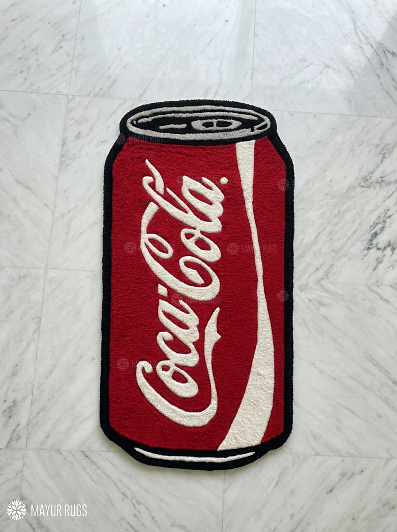 Coca-Cola inspired hand-tufted wool rug with retro soda aesthetic design, premium custom area rug by Mayur Rugs