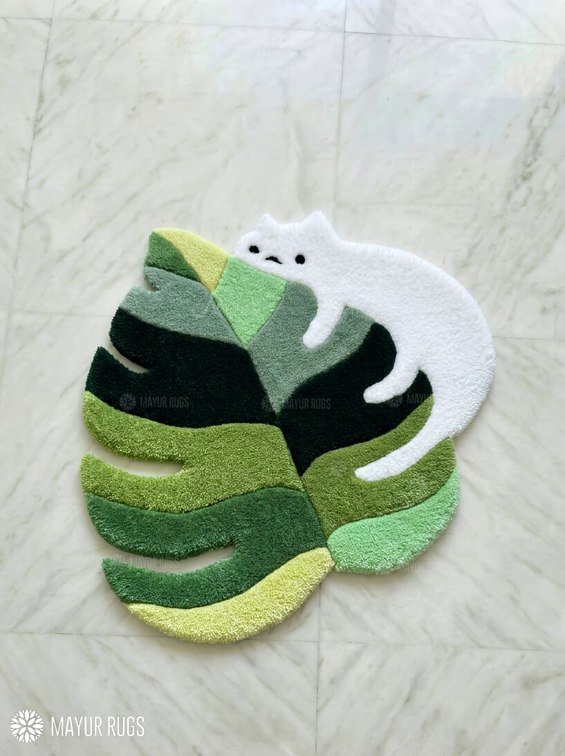 Monstera leaf with cat hand-tufted wool rug with cute botanical design, premium custom area rug by Mayur Rugs