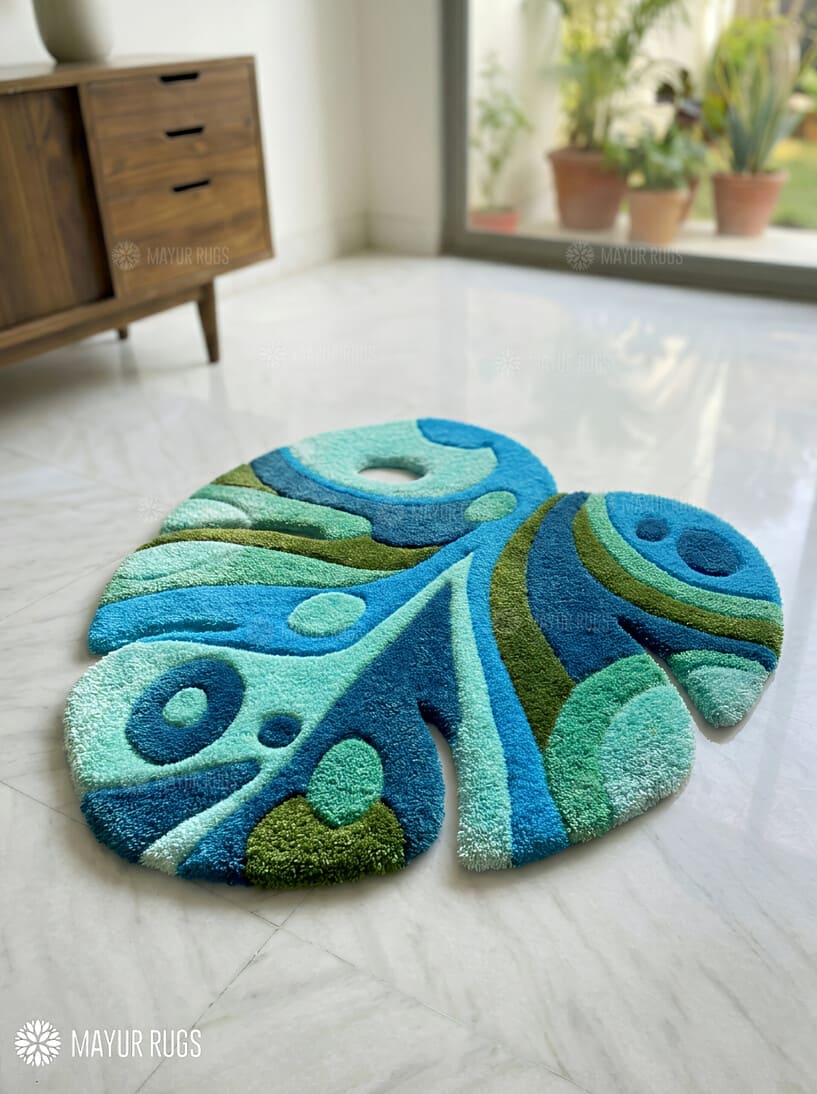 Blue monstera leaf hand tufted wool rug featuring tropical botanical artwork by Mayur Rugs