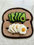 Breakfast tic tac toe game hand-tufted wool rug set with avocado and omelet play pieces, premium custom rug by Mayur Rugs