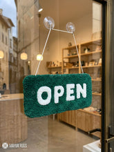 Open and closed store sign hand-tufted wool rug combo with aesthetic typography design for cafés and retail shops by Mayur Rugs