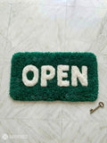 Open and closed store sign hand-tufted wool rug combo with aesthetic typography design for cafés and retail shops by Mayur Rugs