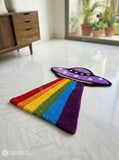 UFO inspired hand-tufted wool rug with alien spacecraft cosmic aesthetic design, premium custom area rug by Mayur Rugs