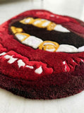 Red lips gold grill hand tufted wool art rug featuring luxury street art design by Mayur Rugs