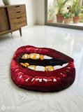 Red lips gold grill hand tufted wool art rug featuring luxury street art design by Mayur Rugs