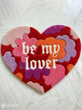Be My Lover heart-shaped hand-tufted wool rug with romantic aesthetic typography design by Mayur Rugs