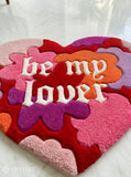 Be My Lover heart-shaped hand-tufted wool rug with romantic aesthetic typography design by Mayur Rugs