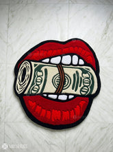 Money roll lips hand tufted wool rug featuring luxury pop art statement artwork by Mayur Rugs