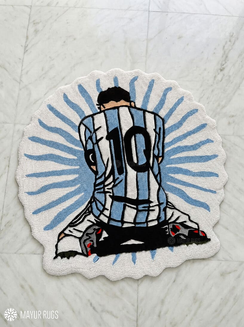 Lionel Messi fan art custom hand-tufted wool rug with football sports aesthetic design by Mayur Rugs