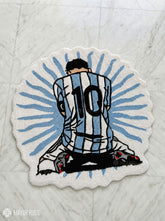 Lionel Messi fan art custom hand-tufted wool rug with football sports aesthetic design by Mayur Rugs