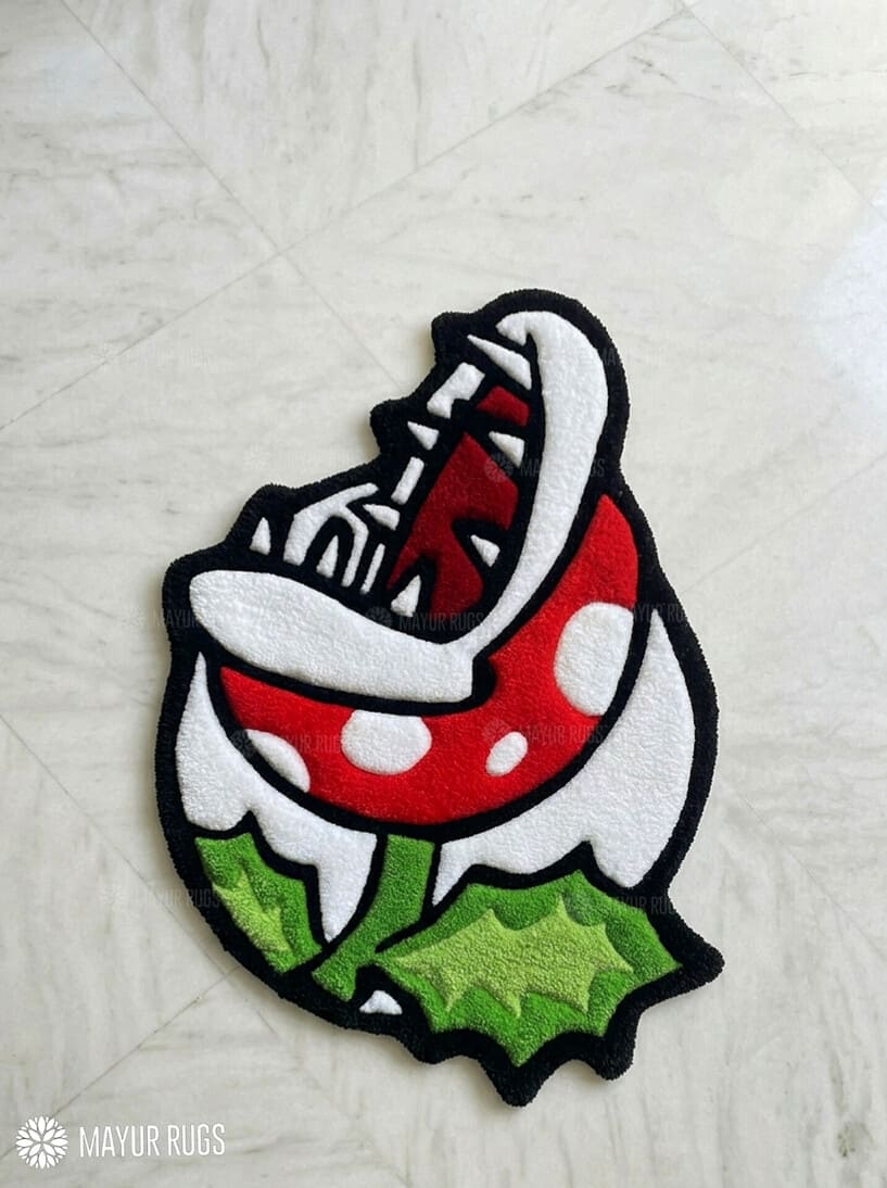 Piranha plant inspired hand-tufted wool rug with retro gaming cartoon design, premium custom area rug by Mayur Rugs