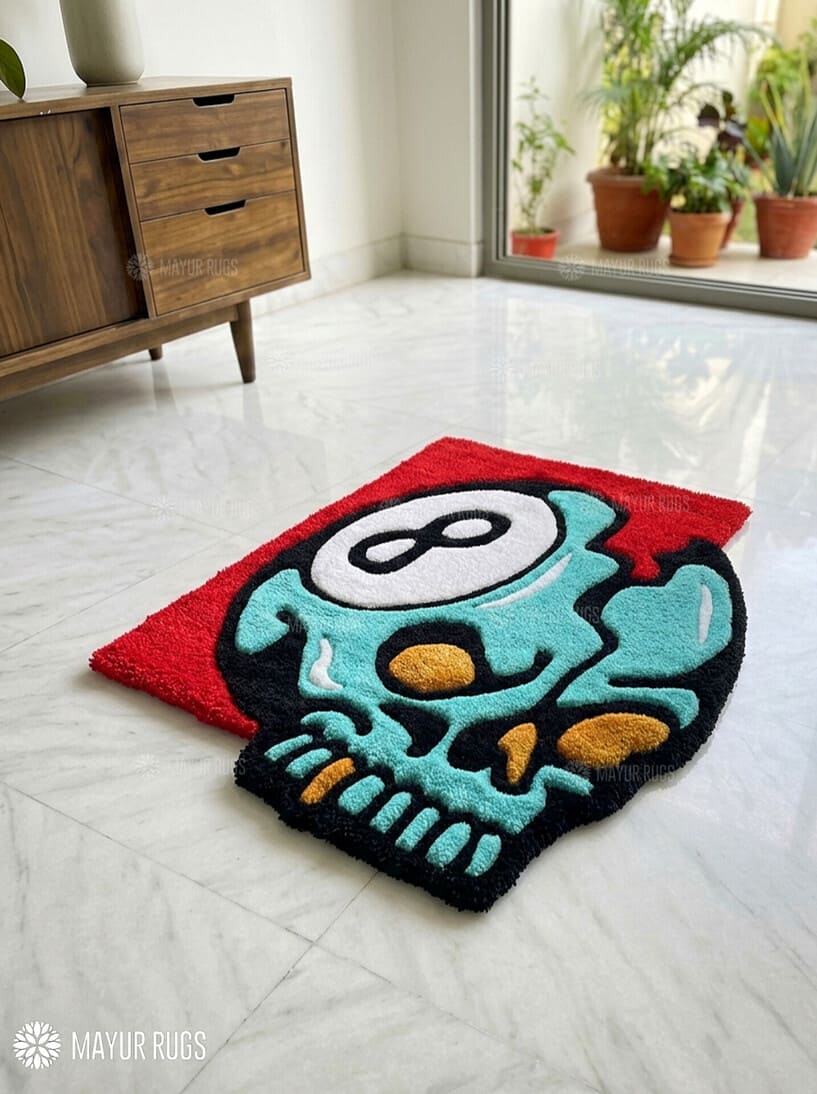 8 ball skull hand-tufted wool rug with gothic billiards aesthetic design, premium custom area rug by Mayur Rugs